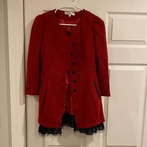 Elegant Red Pea Coat with Black Lace Trim